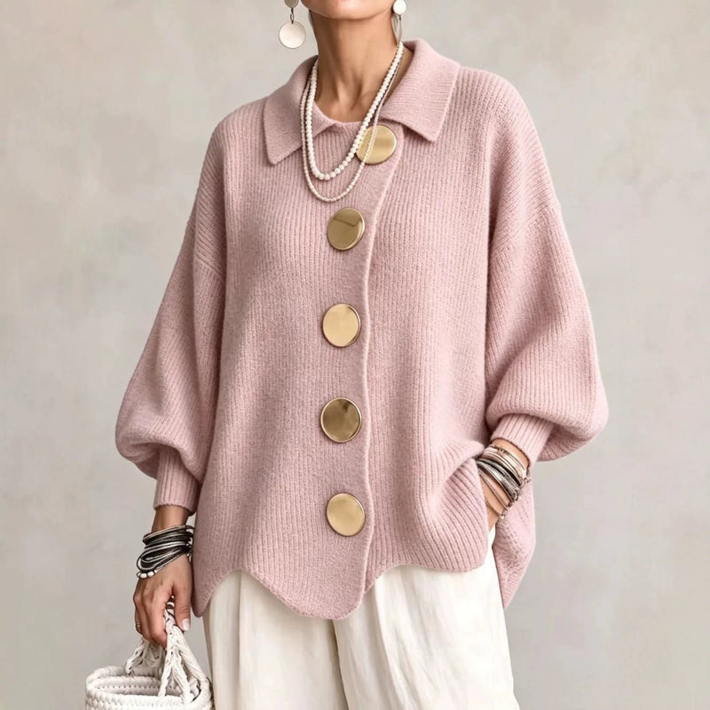 Collared Knit Sweater with Statement Buttons - apricot