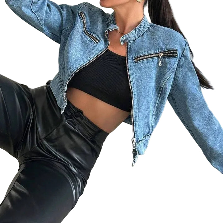 Cropped Denim Moto Jacket