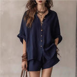 Single-Breasted Short-Sleeved Shirt Wide-Leg Shorts - navy blue
