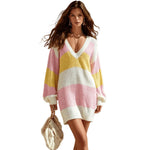 Pastel Striped V-Neck Knit Mini Dress