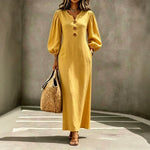 V-Neck Puff-Sleeve Button-Chest Maxi Dress - wheat