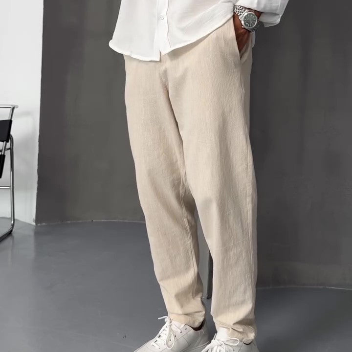 Beige Linen Straight-leg Pants