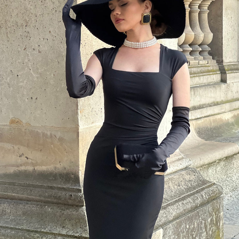Black Square Neck Hip Wrap Midi Dress With Gloves