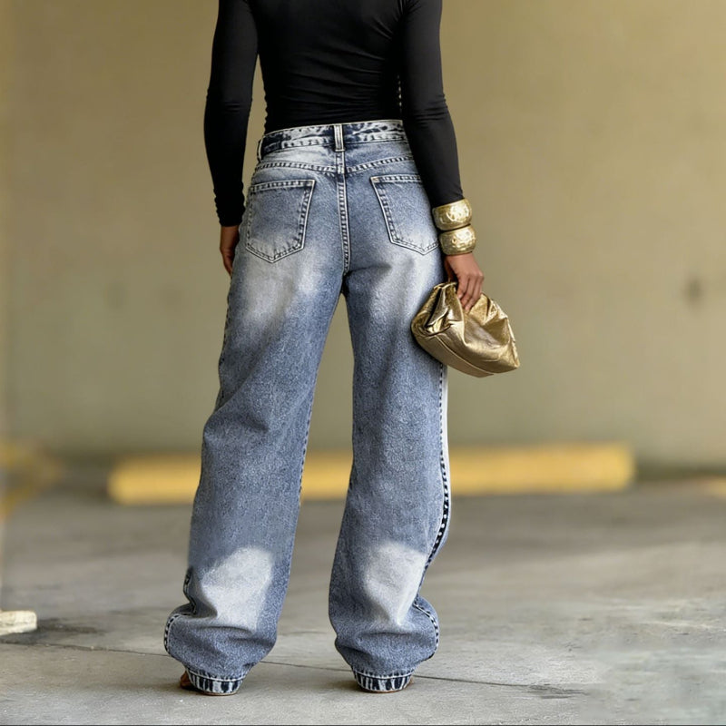 Deconstructed Layered Washed Denim Jeans