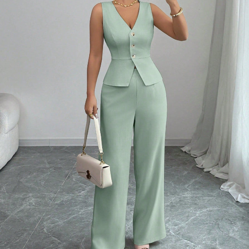 Sleeveless Slim V-neck Vest And High Waist Trousers Two-piece Set - green