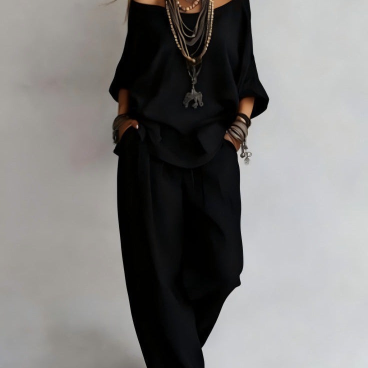 Three-quarter Sleeves Top And Loose Pockets Wide-Leg Pants Set - black
