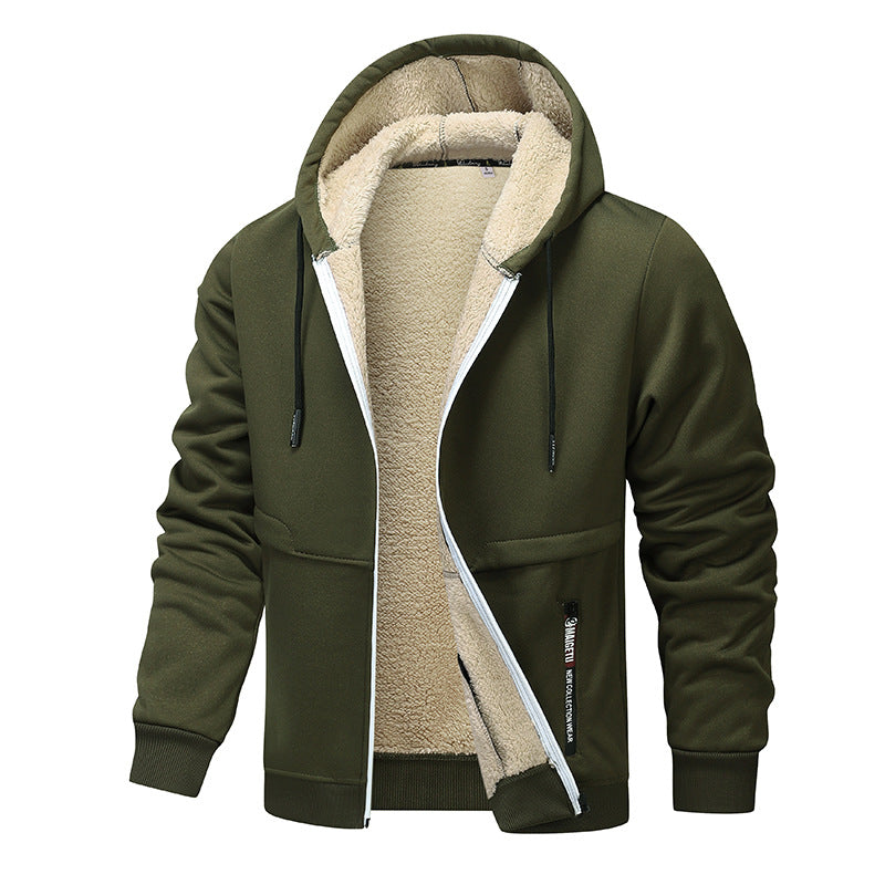 Thick Sherpa Lined Hooded Zipper Jacket - green