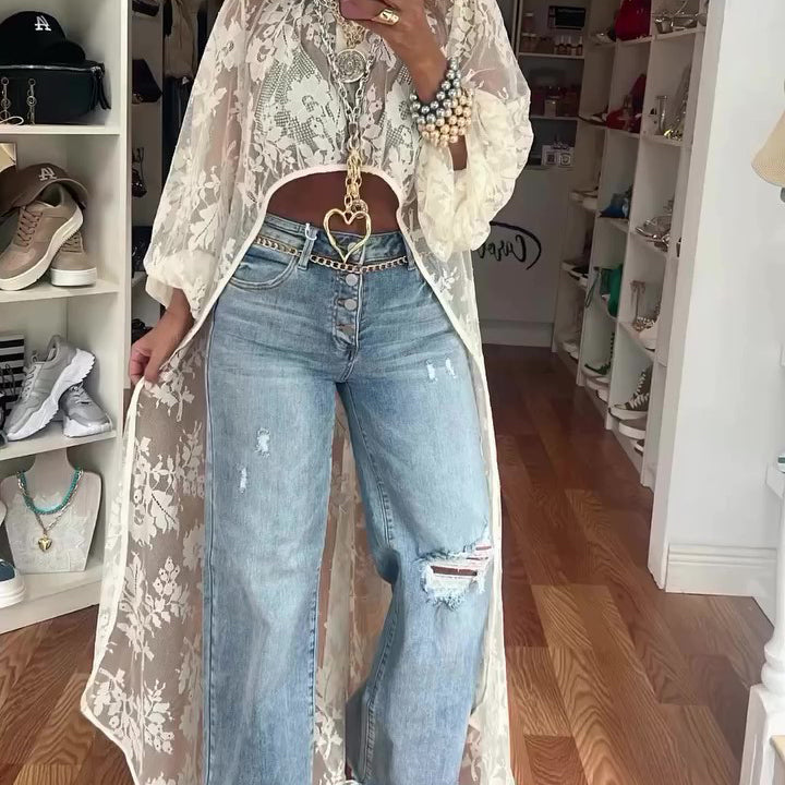 Round Neck Lace Short Front And Long Back Casual Top