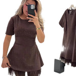 Embellished Short Sleeve Mesh-Hem Mini Dress - brown