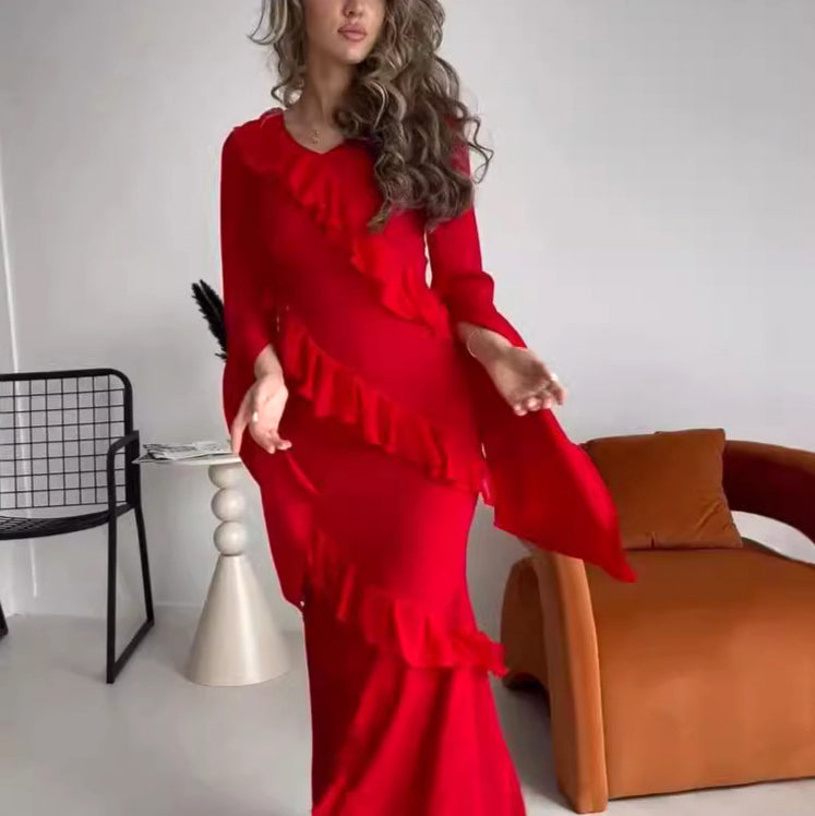 V-neck Bell-sleeved Ruffled Maxi Dress - Red