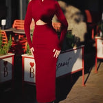 Burgundy Red Cutout Long-sleeved Bodycon Maxi Dress