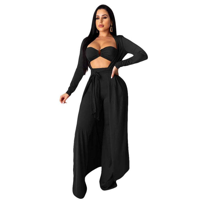 Long-Sleeved Cloak Vest Pants Three-Piece Set - runwayfashionista.com