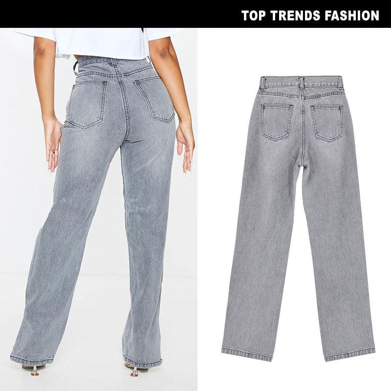 High Waist Straight Denim Trousers - runwayfashionista.com