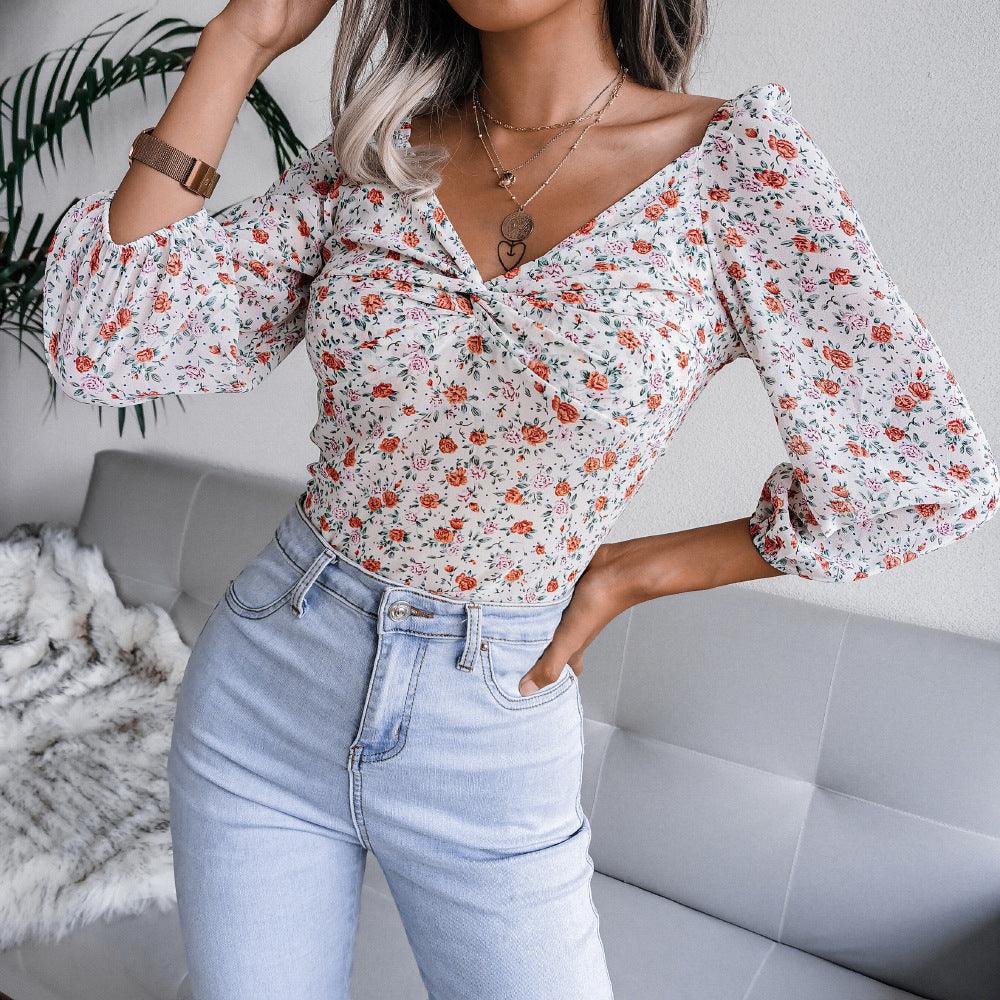 V-Neck Knotted Floral Chiffon Shirt Top - runwayfashionista.com