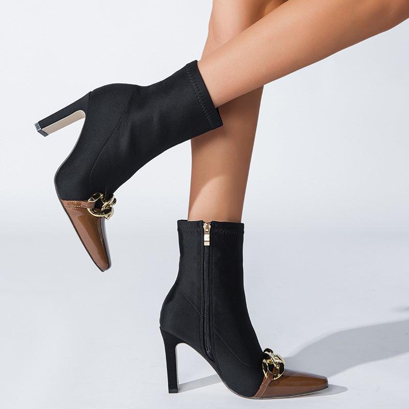 Pointed High Heels Color Chain Boots - runwayfashionista.com