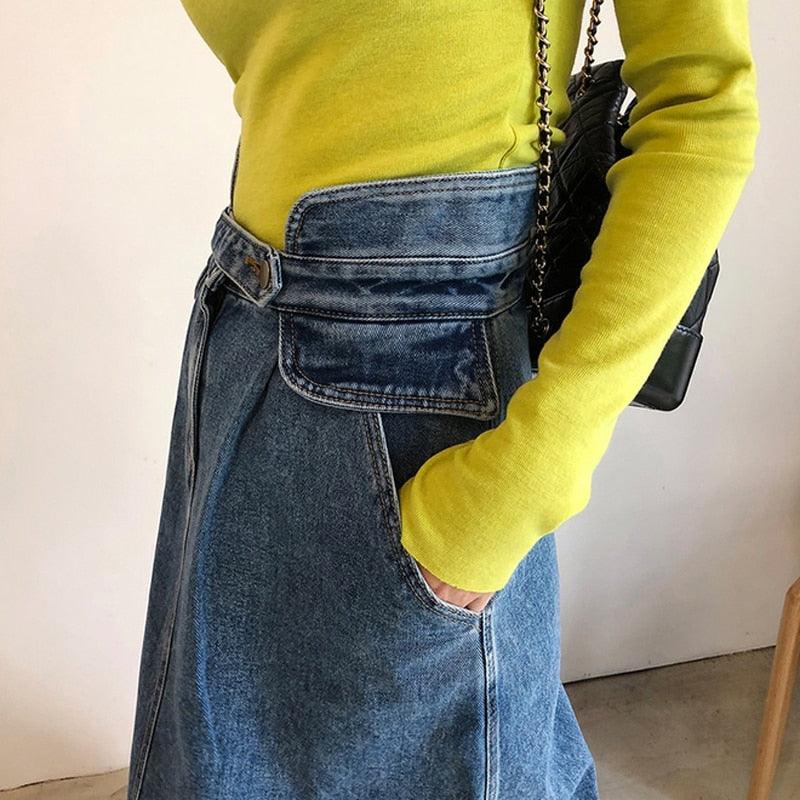 Slim High Waist Midi Jean Skirt - runwayfashionista.com