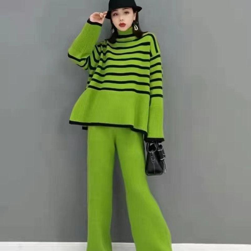 High Neck Sweater Wide Leg Trousers Two-Piece Suit - runwayfashionista.com