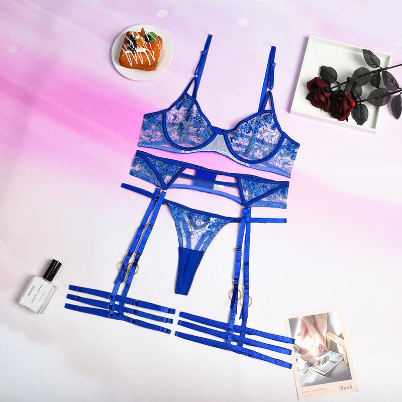 Blue Embroidered Lingerie Set - runwayfashionista.com