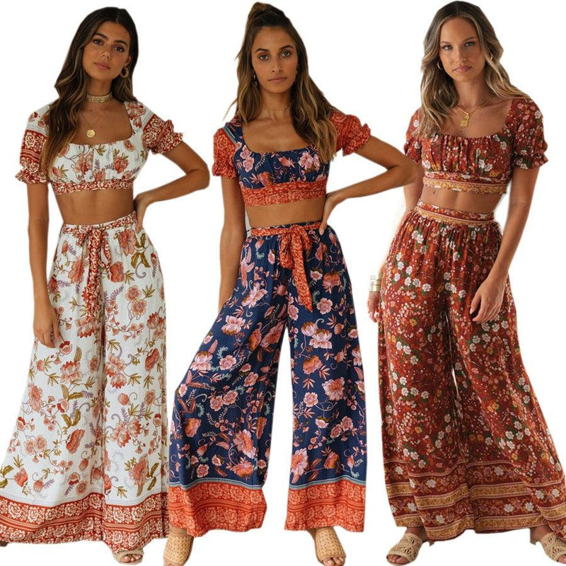 Bohemian Holiday Print Suit Short Top+High Waist Trousers - runwayfashionista.com