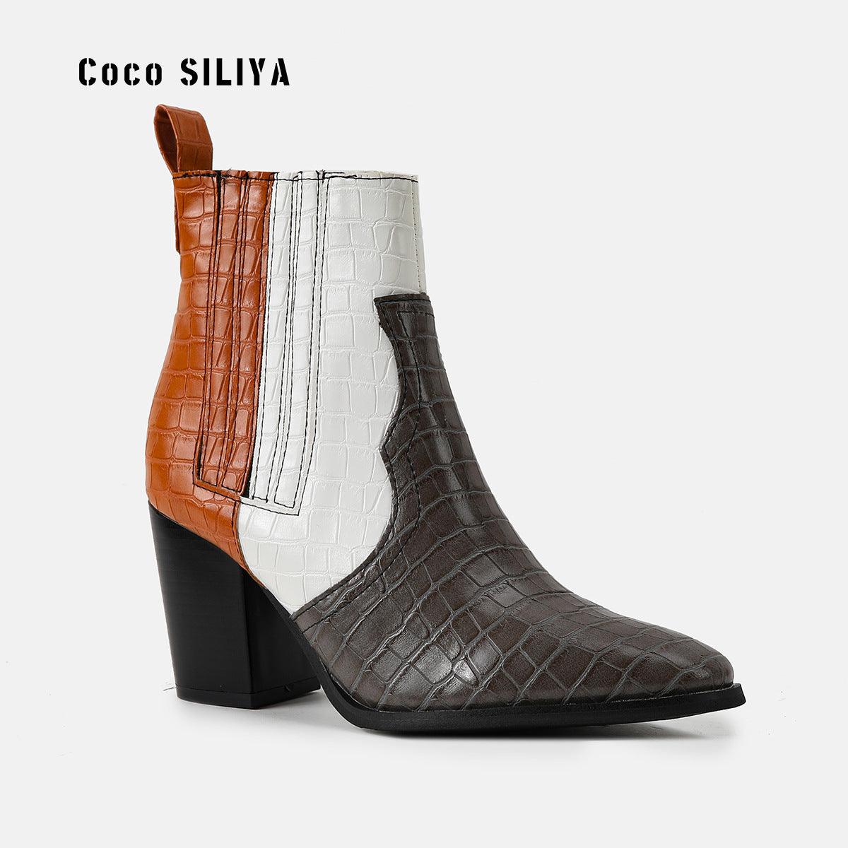 High Heel Color Contrast Snake Skin Short Boots - runwayfashionista.com