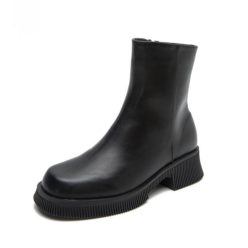 British Style Thick Sole Round Toe Medium Boots - runwayfashionista.com