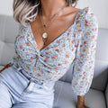 V-Neck Knotted Floral Chiffon Shirt Top - runwayfashionista.com