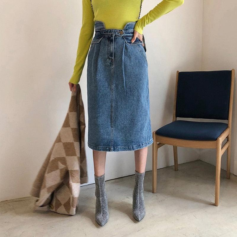 Slim High Waist Midi Jean Skirt - runwayfashionista.com