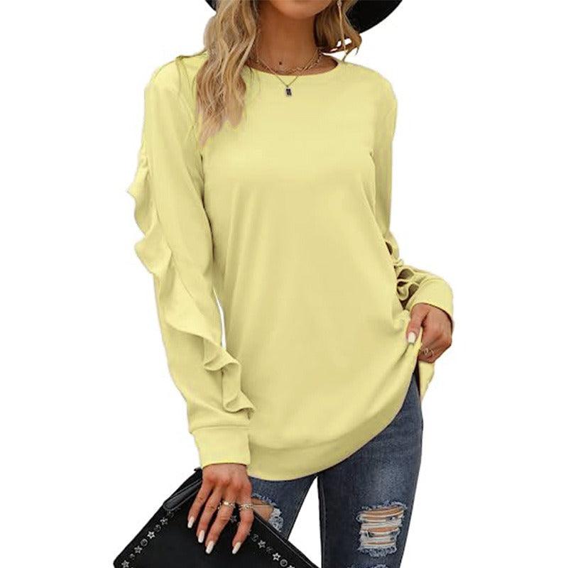 Casual Round Neck Pleated Long Sleeve Blouse - runwayfashionista.com