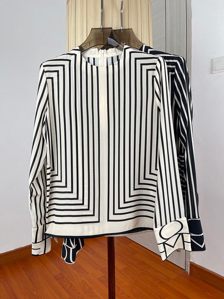 Striped O-Neck Full Sleeve Blouse - runwayfashionista.com