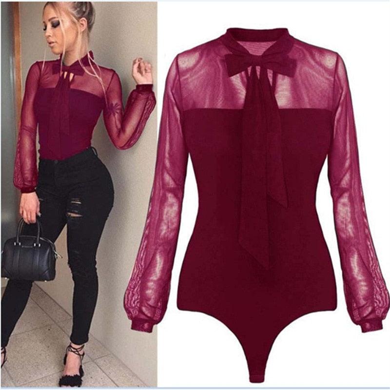 Mock Neck Patchwork Long Sleeve Bodysuit - runwayfashionista.com