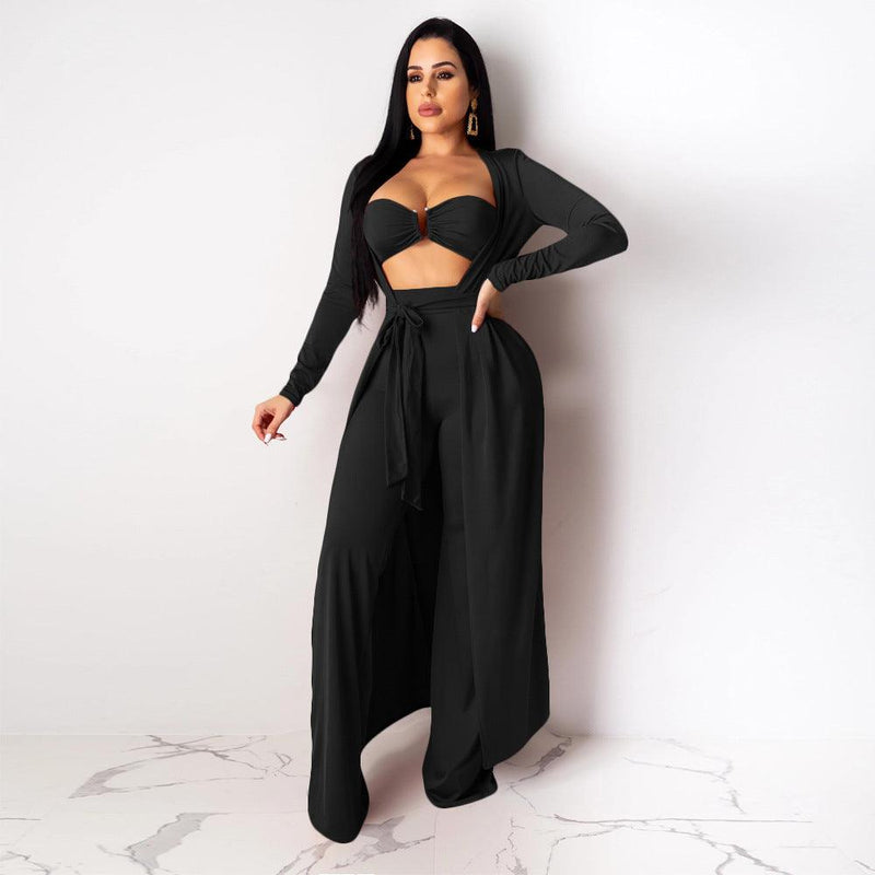 Long-Sleeved Cloak Vest Pants Three-Piece Set - runwayfashionista.com