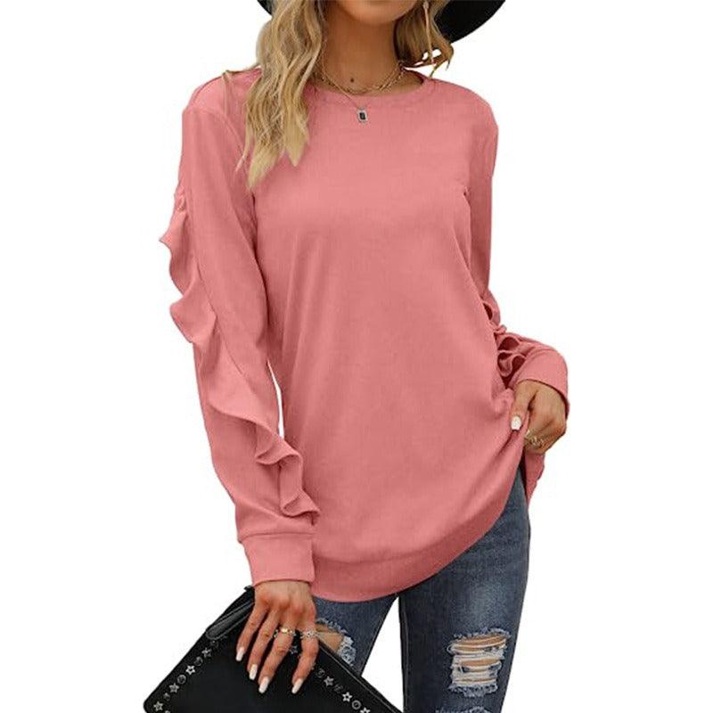 Casual Round Neck Pleated Long Sleeve Blouse - runwayfashionista.com