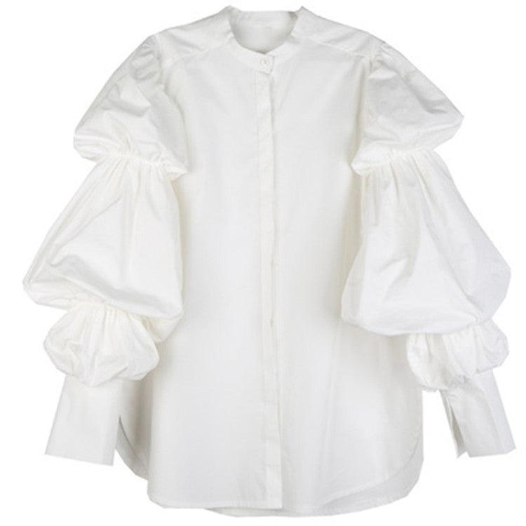 Puff Sleeves Loose Mid-Length Shirt - runwayfashionista.com