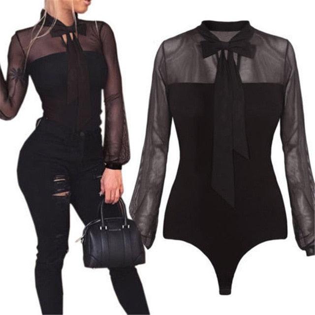 Mock Neck Patchwork Long Sleeve Bodysuit - runwayfashionista.com