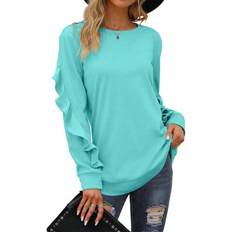 Casual Round Neck Pleated Long Sleeve Blouse - runwayfashionista.com