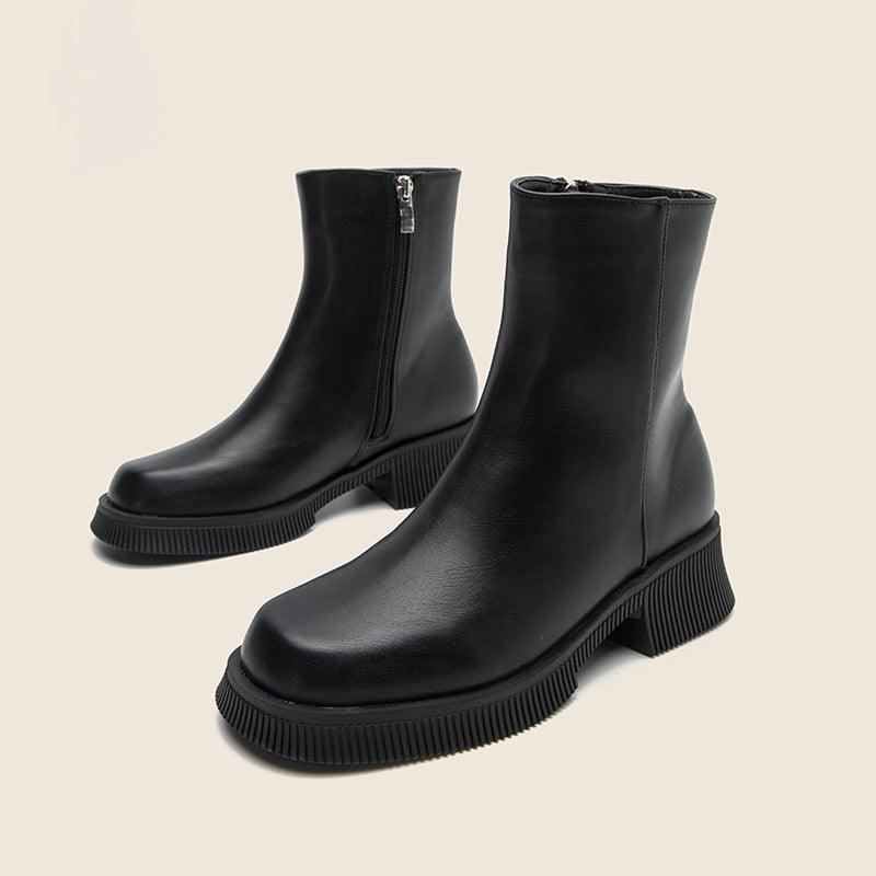 British Style Thick Sole Round Toe Medium Boots - runwayfashionista.com