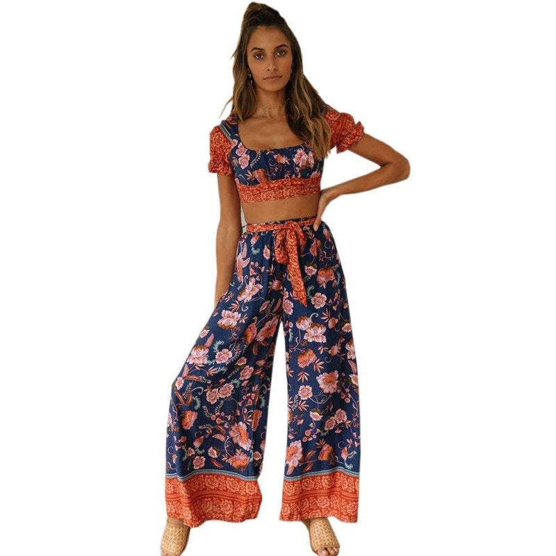 Bohemian Holiday Print Suit Short Top+High Waist Trousers - runwayfashionista.com