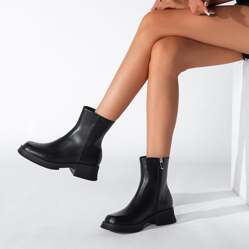 British Style Thick Sole Round Toe Medium Boots - runwayfashionista.com