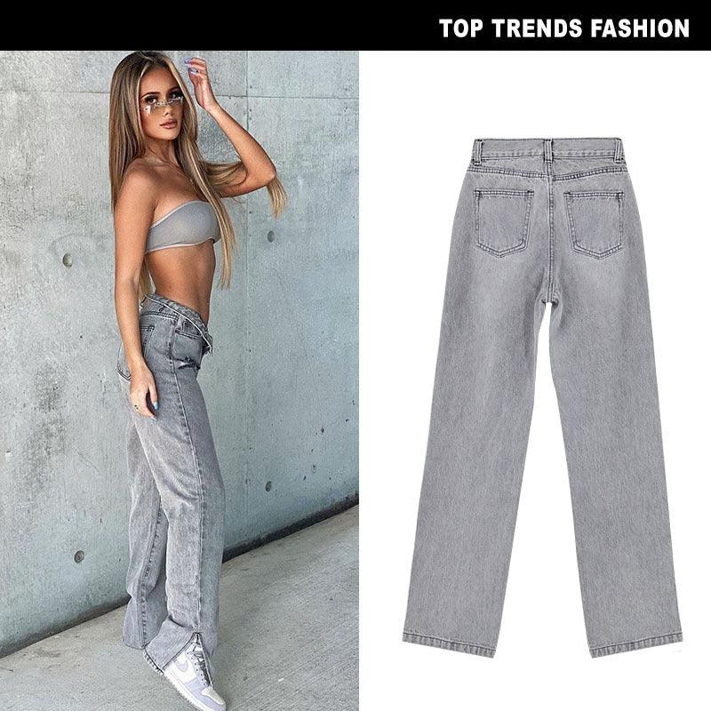 High Waist Straight Denim Trousers - runwayfashionista.com