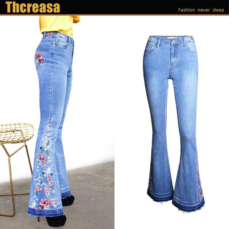 Wide Leg Bell Bottoms Embroidered Jeans - runwayfashionista.com