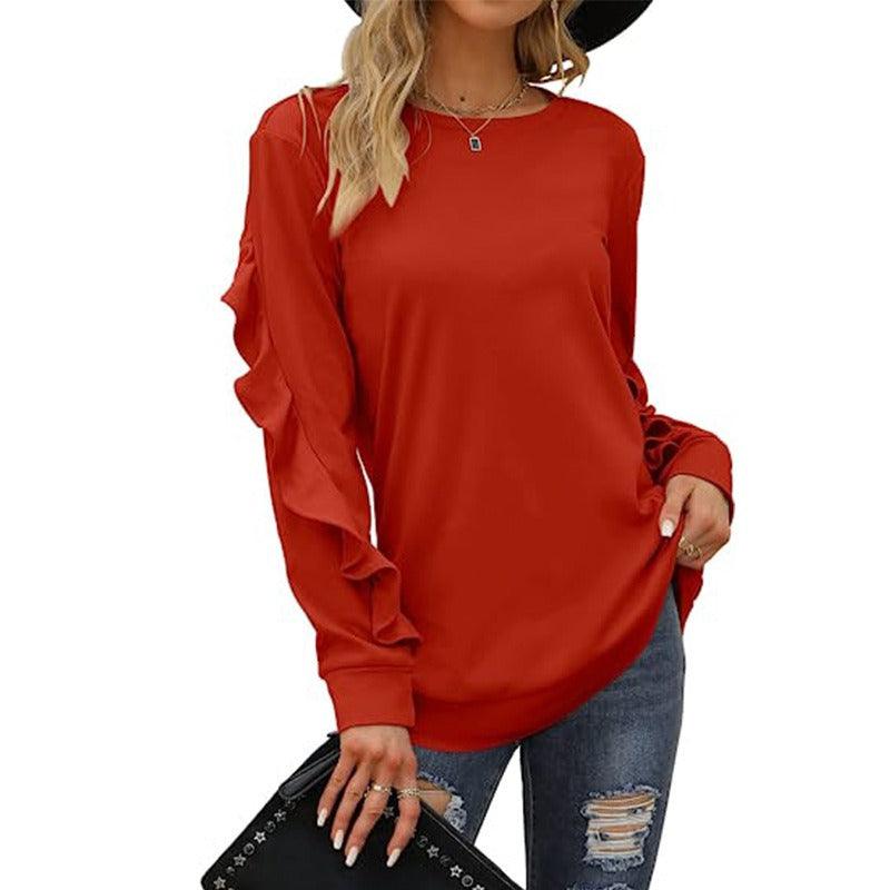 Casual Round Neck Pleated Long Sleeve Blouse - runwayfashionista.com