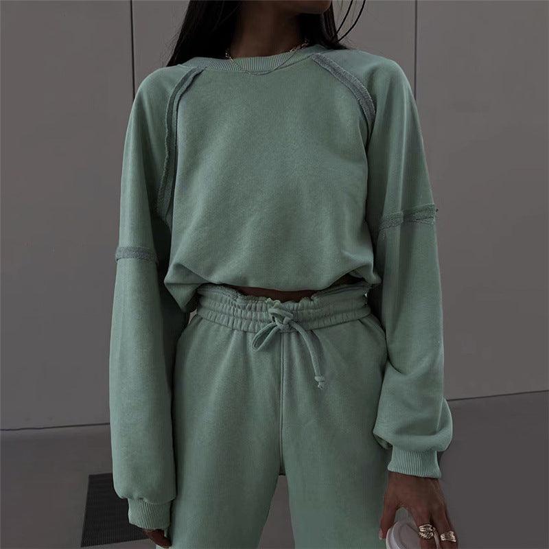 Round Neck Long Sleeve Casual Pants Set - runwayfashionista.com