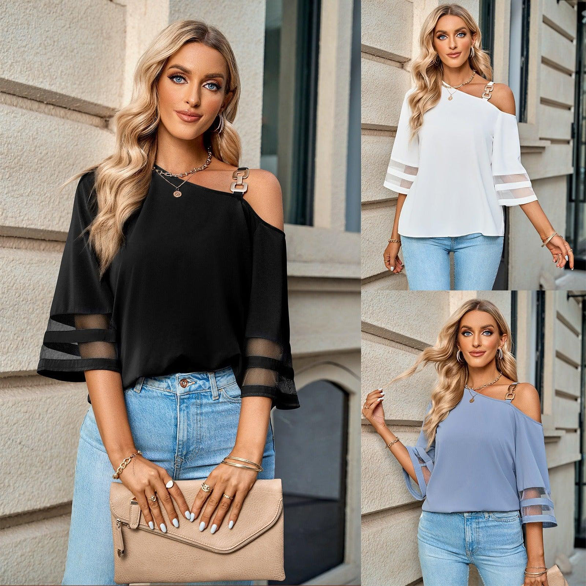 Casual Solid Metal Button One Shoulder Blouse - runwayfashionista.com