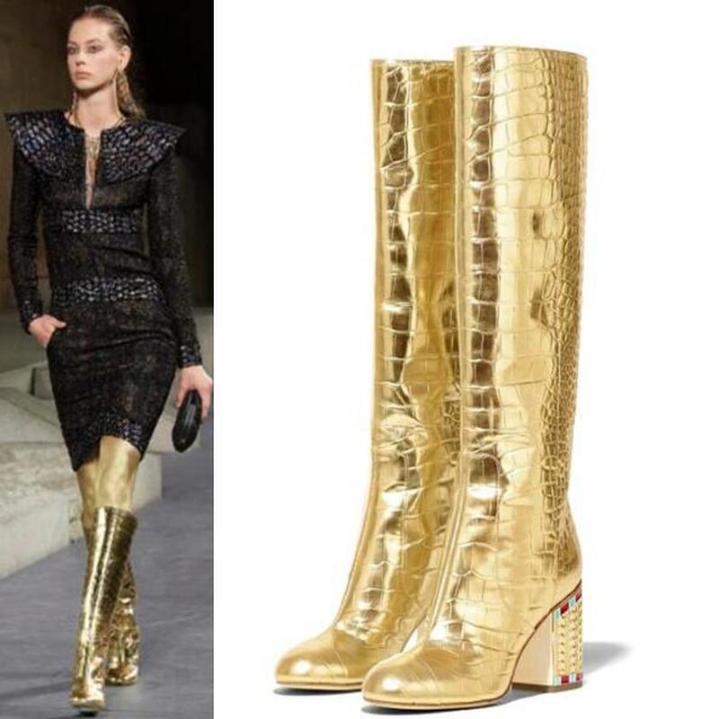 Crocodile Pattern Knee High Boots - runwayfashionista.com