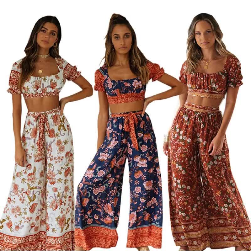 Bohemian Holiday Print Suit Short Top+High Waist Trousers - runwayfashionista.com