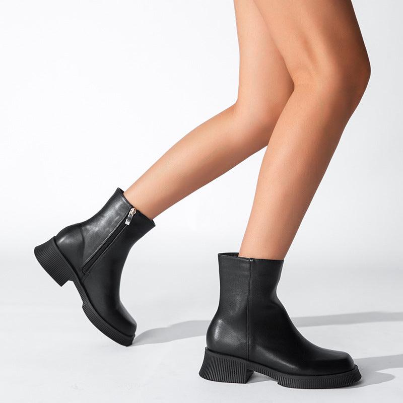 British Style Thick Sole Round Toe Medium Boots - runwayfashionista.com