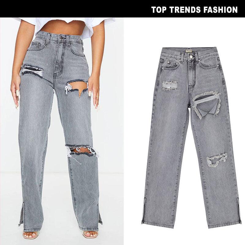 High Waist Straight Denim Trousers - runwayfashionista.com