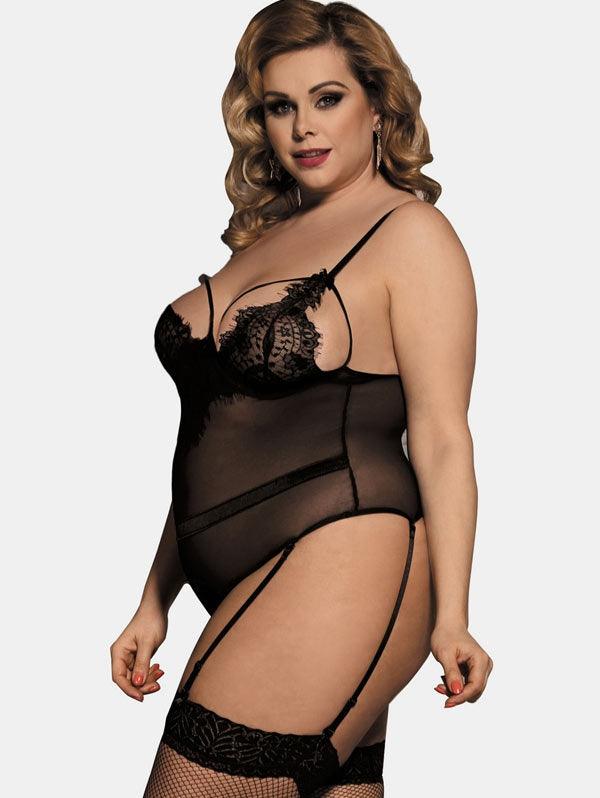 Plus Size Lace Insert Mesh Lingerie Teddy - runwayfashionista.com