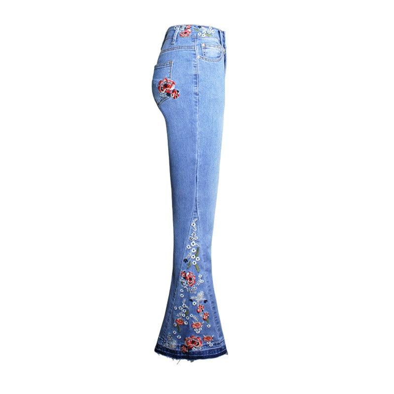 Wide Leg Bell Bottoms Embroidered Jeans - runwayfashionista.com