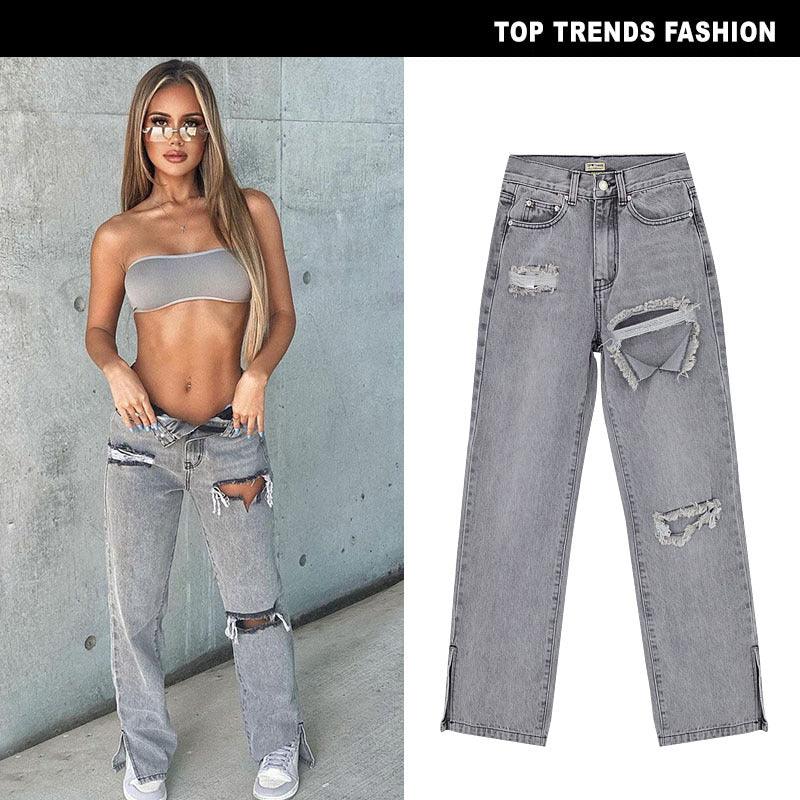 High Waist Straight Denim Trousers - runwayfashionista.com